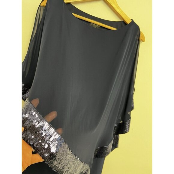 Xscape Capelet Mini Dress Navy Blue Sequin Trim Sheath Sheer Cape Sz 10 - Picture 11 of 12